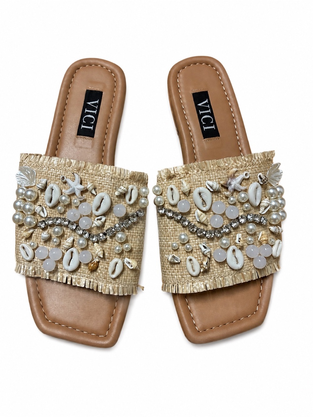 VICI Francy Beige Shell Pearl Rhinestone Raffia Slide Sandals Size 7.5